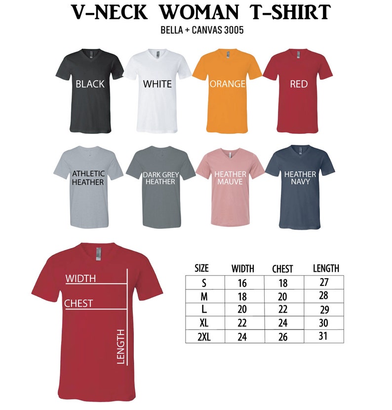 Puede incluir: Camiseta de mujer de cuello en V en varios colores, incluyendo negro, blanco, naranja, rojo, gris jaspeado, malva jaspeado y azul marino jaspeado. La camiseta est&aacute; disponible en tallas S, M, L, XL y 2XL. La tabla de tallas muestra las medidas de ancho, pecho y largo en pulgadas.