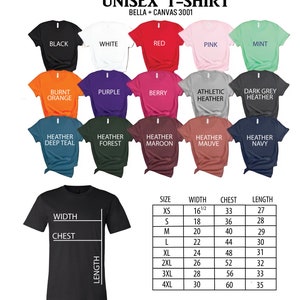 Puede incluir: Un gr&aacute;fico que muestra las medidas de talla, ancho, pecho y largo para camisetas unisex en tallas XS a 4XL. El gr&aacute;fico est&aacute; etiquetado como "Unisex T-Shirt Bella + Canvas 3001".