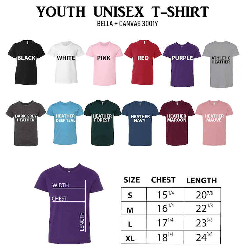 Puede incluir: Tabla de tallas de camiseta unisex para j&oacute;venes con medidas en pulgadas. La tabla muestra las medidas de pecho y largo para las tallas S, M, L y XL. La tabla se muestra en una camiseta morada.