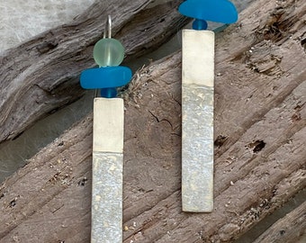 Handmade Silver Pendant Earrings with Pacific Blue and Sea Green Seaglass Beads