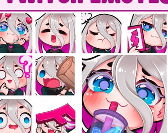 May include: A set of nine Twitch emotes featuring a cartoon character with long white hair, blue eyes, and a pink and black outfit. The emotes depict various expressions and actions, including blushing, drinking, and holding a question mark.