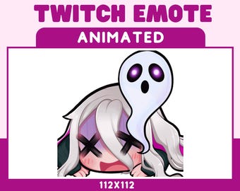 May include: Animated Twitch emote featuring a white-haired character with a pink and purple outfit, eyes crossed out, and a surprised expression. A white ghost with purple eyes is hovering above the character.