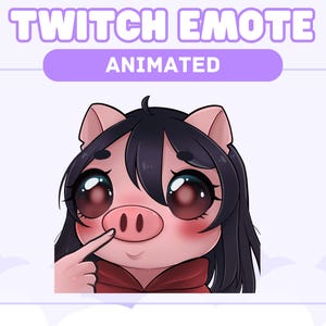 Könnte beinhalten: Animiertes Twitch-Emote mit einem rosa Schwein mit großen Augen und einem Finger, der auf seine Nase zeigt. Das Schwein hat schwarze Haare und trägt ein rotes Shirt.