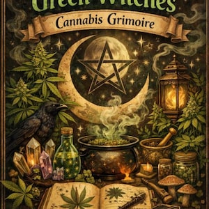 May include: An illustrated book cover titled "The Cosmic Wanderer's Green Witches Cannabis Grimoire." The image features a crow, a cauldron, cannabis plants, crystals, a crescent moon, and a pentagram. A lit lantern and open book are also visible.