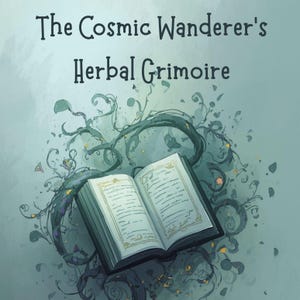 May include: An open book with the title "The Cosmic Wanderer's Herbal Grimoire" in black text. The book is surrounded by stylized vines and leaves in shades of green and purple, set against a teal background.