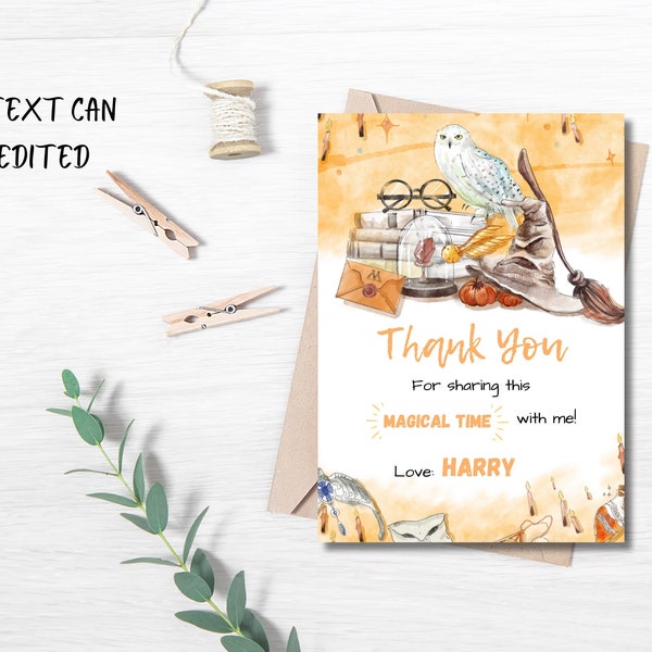 Harry Potter Printable Thank You Card, Editable Magical Wizard Birthday Party Thank You Card in Canva, Instant Download for Witch party