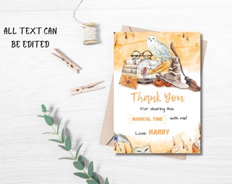 Harry Potter Printable Thank You Card, Editable Magical Wizard Birthday Party Thank You Card in Canva, Instant Download for Witch party
