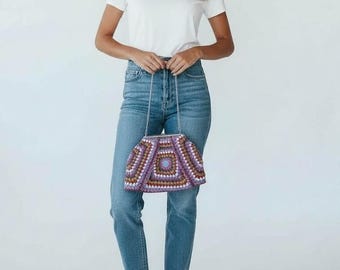 Handmade Crochet Shoulder Bag, Colorful Granny Square Bag