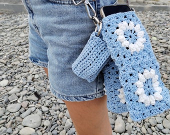 Water Bottle Holder And Phone Bag, Blue And White Crochet Purse, Handmade Purse, Phone Purse, Crossbody Bag, For Valentine's Day Gift