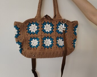 Beige Crochet Bag, Granny Square Bag, Retro Bag, For Gift, For Girl, Vintage Style, Hippie Style, Retro Style, Boho Bag