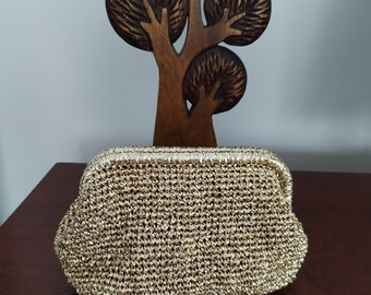 Handmade Crochet Clutch Bag with Metallic Raffia, Luxury Formal Event Gold Color Purse, Woven Clutch, For Mother Day Gift