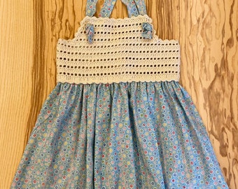 Baby And Girl Crochet Dress, Blue Tiny Flower  Baby Dress, Handmade, For Baby Girl, Beach Dress For Girl, Baby Shower Gift, Birthday Gift