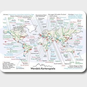 Wereldkaart briefkaart | Wenskaart met bergen, rivieren, steden en landen in ansichtkaartformaat | Wendels kaartspellen