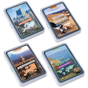 Wendels Kartenspiele 4er-Set: Berge Europas, Städte Europas, Seen und Wüsten der Erde | Trumpf Quartette | Geschenke für Kinder & Familie