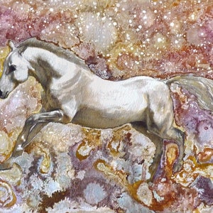 Original watercolor painting Running white horse fine art small artwork nursery gift animal horses realism starry orange equine pet paper A4