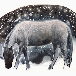 Peinture à l’aquarelle originale Ciel étoilé noir cheval blanc étoiles gris beaux-arts petite œuvre d’art cadeau animal chevaux papier A5 carte de vœux