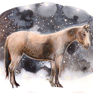 Aquarelle originale peinture ciel étoilé brun cheval blanc étoiles gris beaux-arts petite oeuvre cadeau animaux chevaux papier A5 carte de voeux