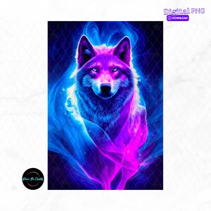 May include: A digital art image of a wolf with a vibrant, neon color scheme. The wolf's fur is detailed with shades of purple, blue, and white, set against a dark blue background. The image includes the text "Digital PNG" and a logo.