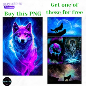 May include: A digital download of a neon blue and purple wolf with a galaxy background.  The image is part of a set of four images, with the other three images showing a wolf howling at the moon in different galaxy backgrounds.