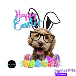 May include: A brown and white dog wearing bunny ears and glasses, surrounded by colorful Easter eggs. The text "Happy Easter" is written in pink and blue letters.