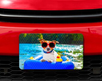 Sublimation License plate, Dog License plate, Dog lover, Dog on pool floaty