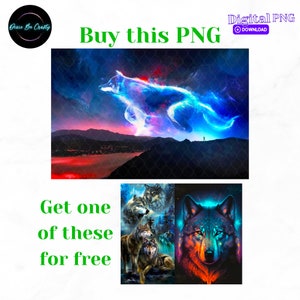 May include: Digital download of a blue and purple wolf with a starry background.  Get one of two free wolf images with purchase: a group of wolves in a forest and a close-up of a wolf's face.