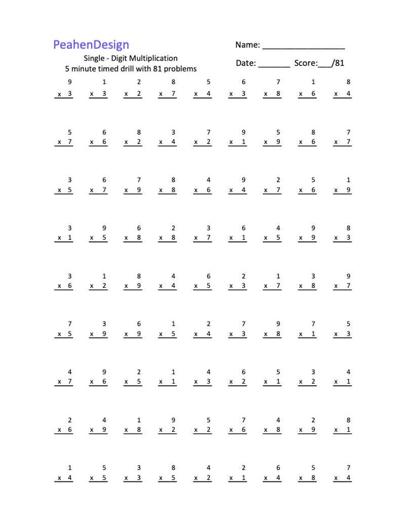 Single Digit Multiplication Timed Drill - Etsy