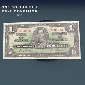 Banconota da un dollaro canadese del 1937 / RARO / Bassa tiratura / Condizioni approssimative VG - F / Da collezione / Vecchia carta moneta / Re Giorgio VI