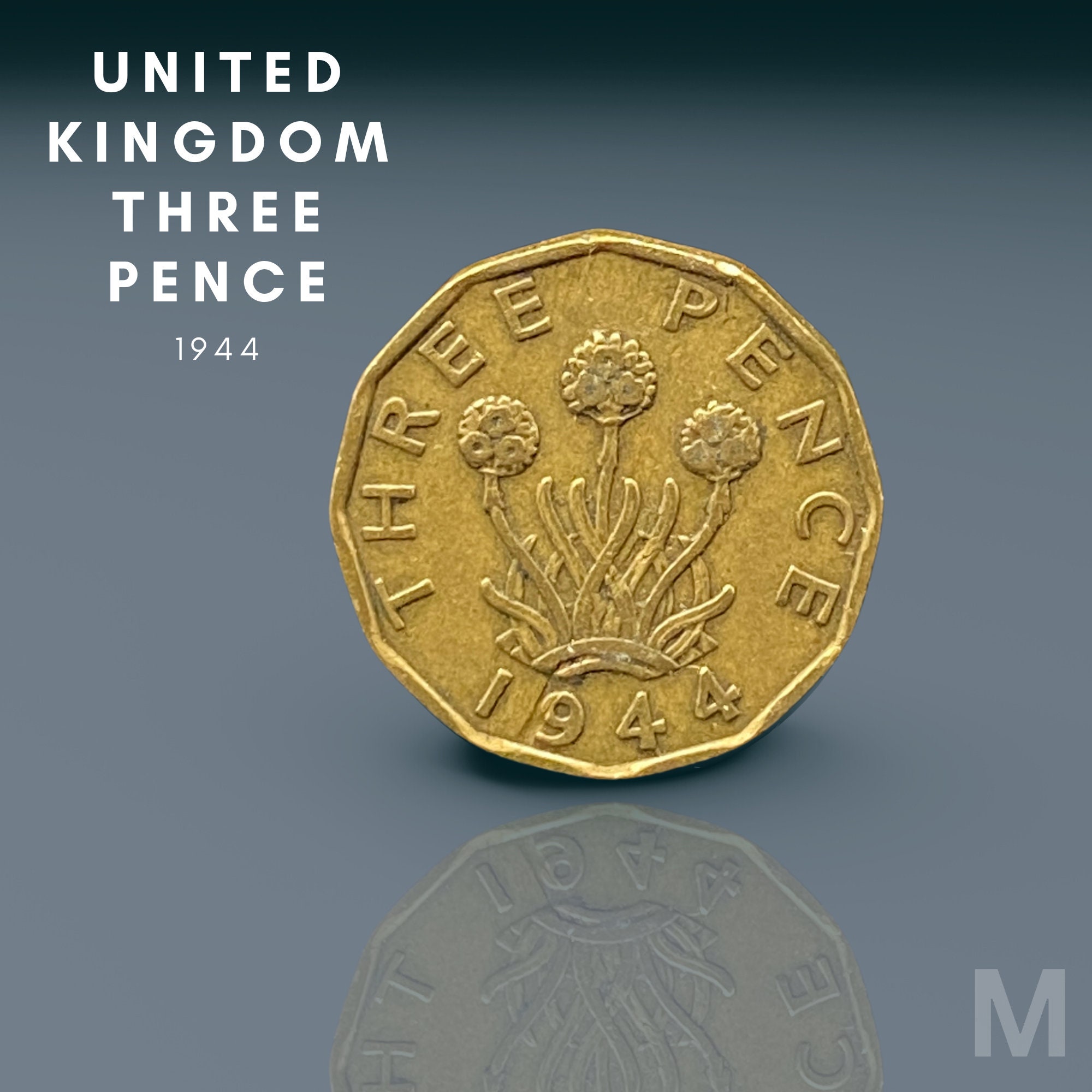 1944 Three Pence | United Kingdom | UK | Coin Collection | Gift For | Grandpa | Grandma | Grandchild | 3 Pence | Thrift Plant