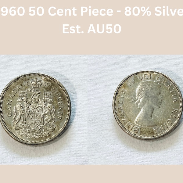 1960 50 Cent Piece | 80% Silver | Queen Elizabeth II | Half Dollar | Coin Collection | Canadian Coins  | SILVER