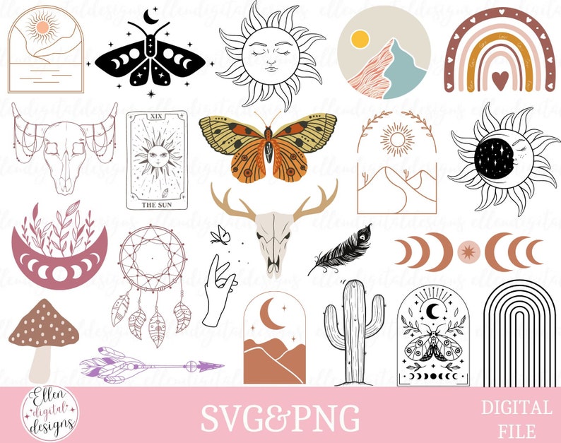 Boho Svg Bundle Boho Svg Floral Moon Svg Moon Phases Svg - Etsy