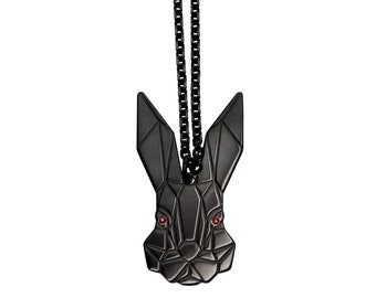 Black Bunny Rabbit Necklace Pendant in Ruthenium Silver 925 With Red topazes New