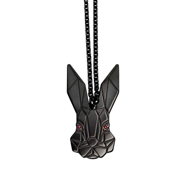 Black Bunny Rabbit Necklace Pendant in Ruthenium Silver 925 With Red topazes New
