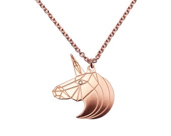 Luxury Unicorn Necklace Pendant in 18k Rose gold Plating with white genuine topazes