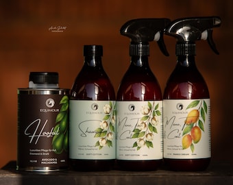 Horse Care Set of 4 – 2 Mane and Tail Sprays, Protein Shampoo & Hoof Oil with Brush – Coat, Mane, Tail and Hoof Care