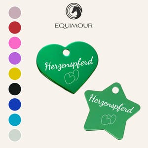 Könnte beinhalten: Zwei grüne Metall-Hundeanhänger, einer in Herzform und der andere in Sternform. Beide Anhänger haben den Text "Herzenspferd" und zwei kleine Herzen eingraviert.