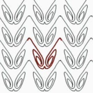 Pode incluir: Um padrão repetitivo de formas curvas brancas estilizadas e sobrepostas que se assemelham a uma série de 'V'. O padrão é delineado em preto. Uma única forma em 'V' é destacada em vermelho.