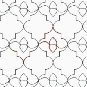 May include: A black and white geometric pattern with a repeating design of four-leaf clover shapes. The pattern is symmetrical and creates a sense of movement.