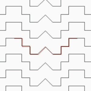 Könnte beinhalten: Ein schwarz-weißes geometrisches Muster mit einer roten und braunen Linie, die durch die Mitte verläuft. Das Muster besteht aus sich wiederholenden Quadraten und Dreiecken.