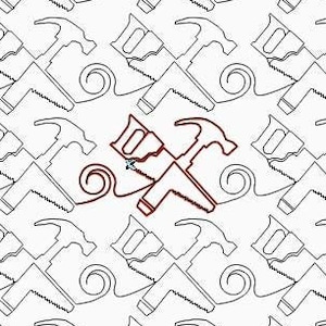Könnte beinhalten: Ein weißer Hintergrund mit einem sich wiederholenden Muster aus schwarzen Umrissen von Hämmern und Sägen. Ein Hammer und eine Säge sind in Rot hervorgehoben.