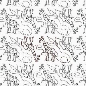 May include: A repeating pattern of giraffes in a minimalist line art style. The giraffes are depicted with long necks and spotted bodies, interspersed with stylized leaf shapes and curved lines, all in black on a white background.