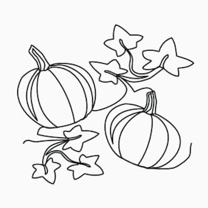 May include: Line art illustration of two pumpkins with stems and leaves. The pumpkins are round with vertical lines, and the leaves have a star-like shape. The image is in black and white, set against a white background.