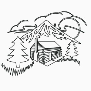 May include: A black and white line drawing of a cabin in the woods. The cabin has a chimney and a window. There are trees and a mountain in the background.