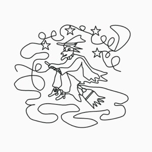 May include: A black and white line drawing of a witch flying on a broomstick with stars in the background.