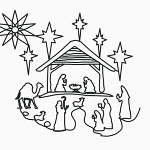 May include: A black and white line drawing of a nativity scene with a star above the stable. The scene includes a manger, a camel, and several figures.