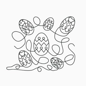 以下が含まれることがあります： 装飾的なパターンが施された6つのイースターエッグの白黒の線画。卵は連続した線でつながっています。