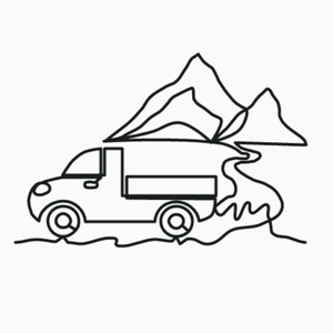 Puede incluir: Un dibujo en blanco y negro de un camión conduciendo por un paso de montaña. El camión tiene una plataforma y conduce por un camino sinuoso.