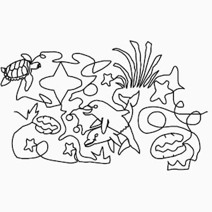 May include: A black and white line drawing of a sea turtle, two dolphins, and a variety of sea life, including starfish, seaweed, and coral.