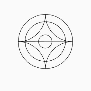 May include: A black and white geometric design with concentric circles and intersecting lines forming a symmetrical pattern.