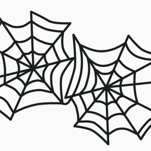 May include: Two black and white spiderwebs, drawn in a simple style, are overlapping each other.